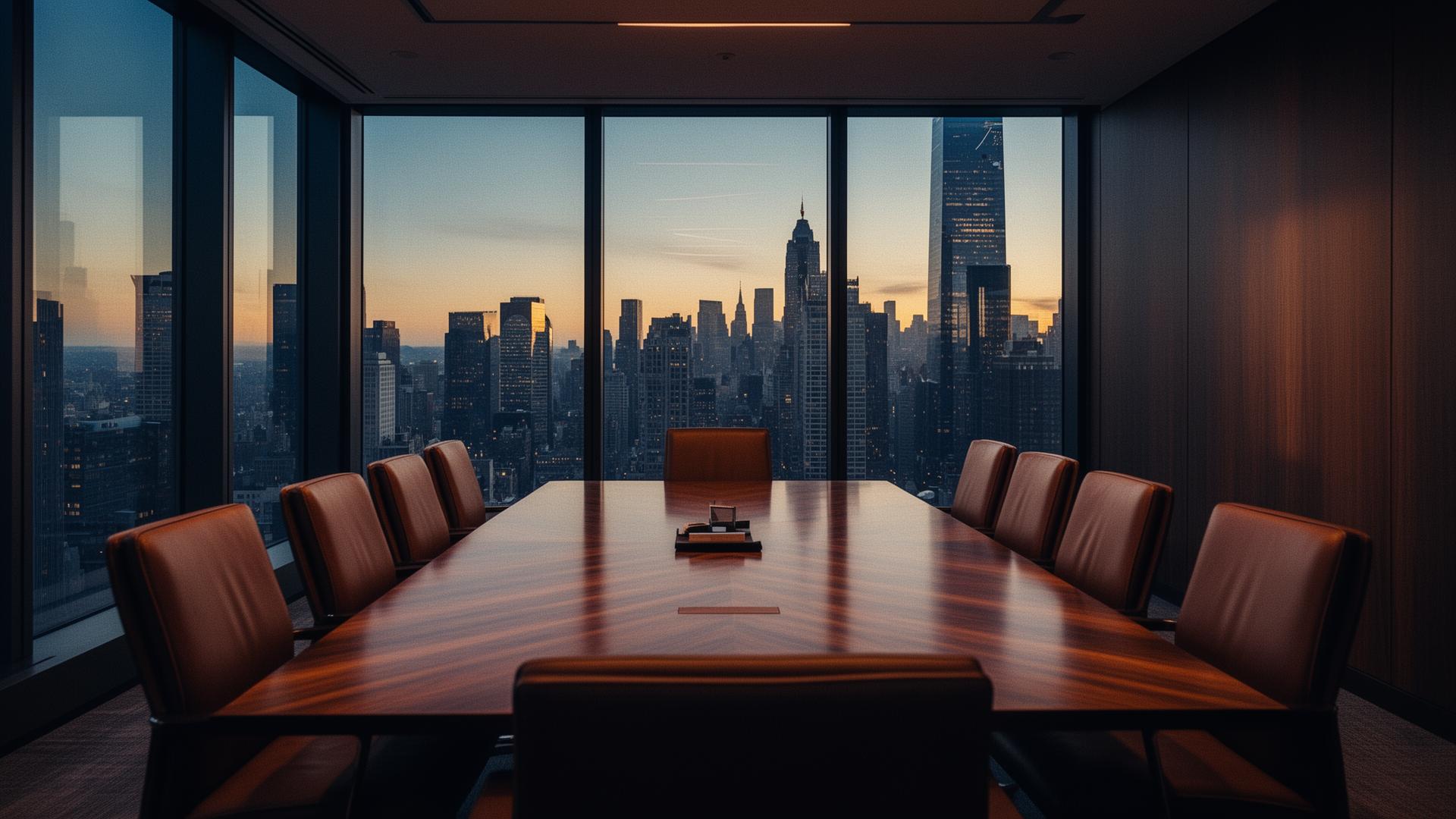 Manhattan skyline at dusk seen through floor-to-ceiling boardroom windows