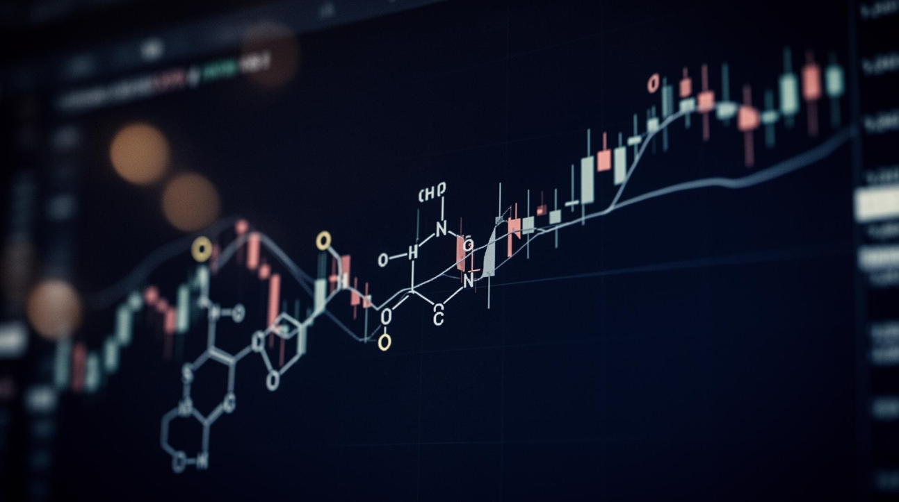 Pharmaceutical molecule structure overlaid on a rising capital-markets chart